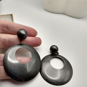 Retro hoop gunmetal‎ grey earrings doorknocker